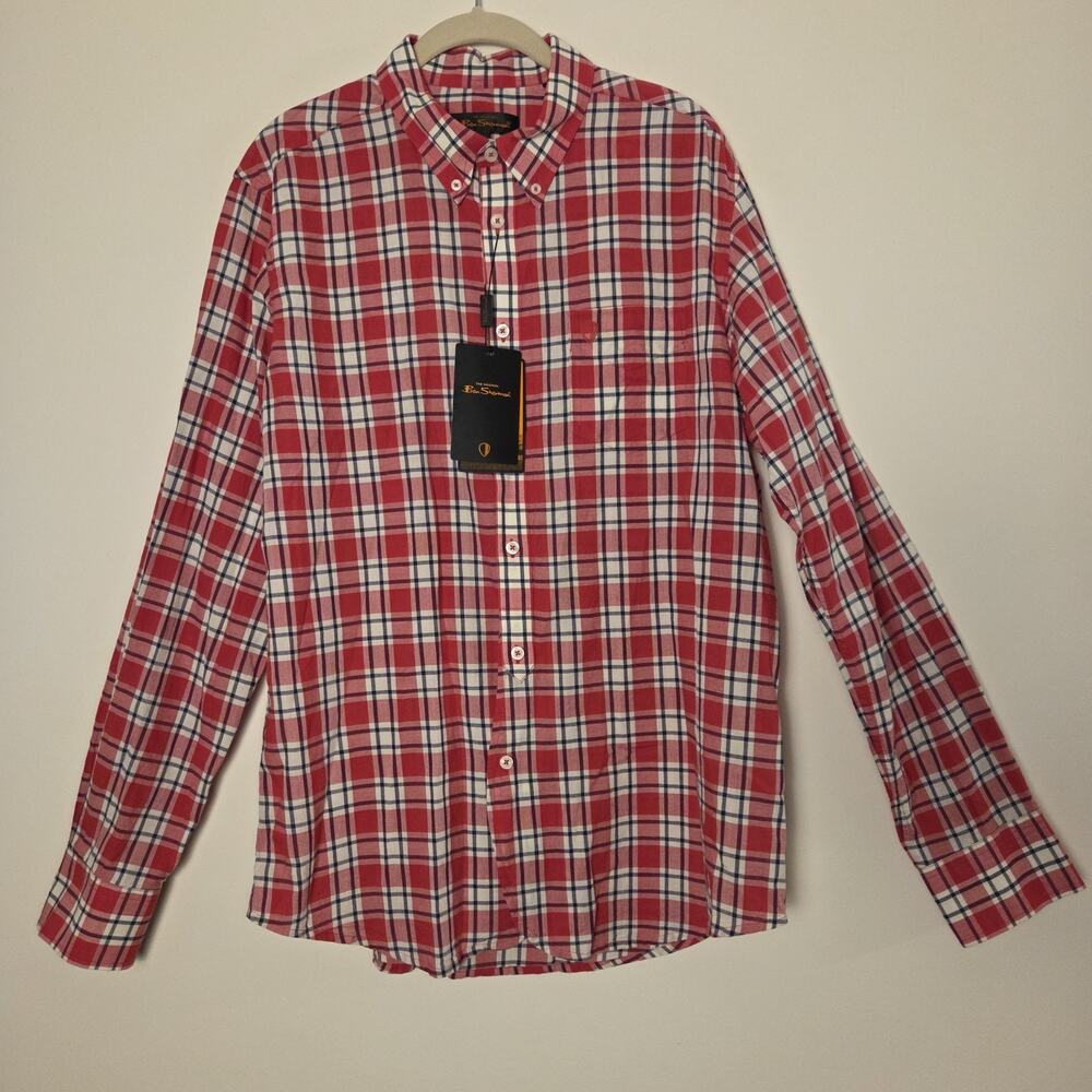 NWT Ben Sherman The Laundered Shirt Men XL Mod Regular Fit Plaid Button Up Red